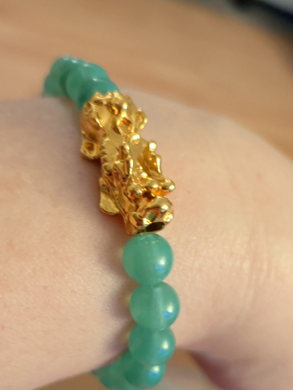 Mythical Creature Gold Dragon Pixiu Green Stones Stretching Bracelet Fits 7+